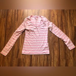 Tommy Hilfiger pink & white striped V-neck long-sleeved top (Size S)